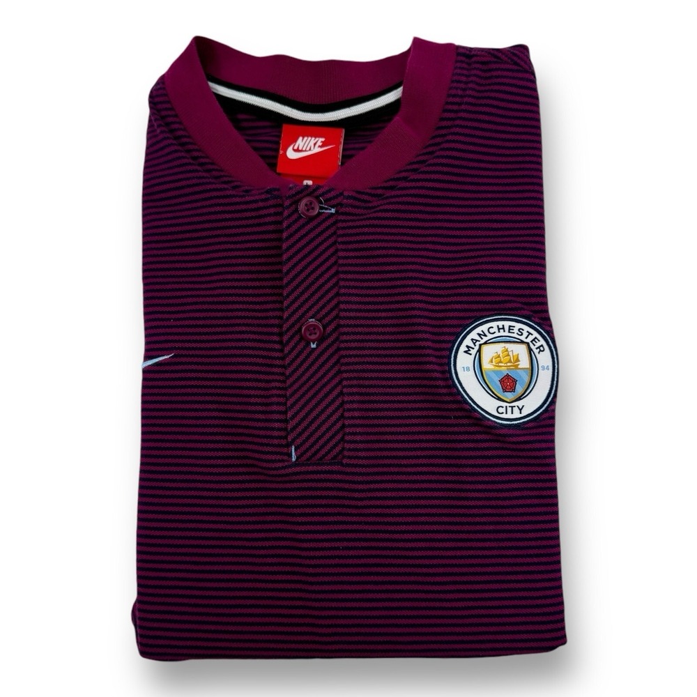 Nike Short Sleeve Henley Shirt Maroon/Blue Stripe Large Manchester City Logo